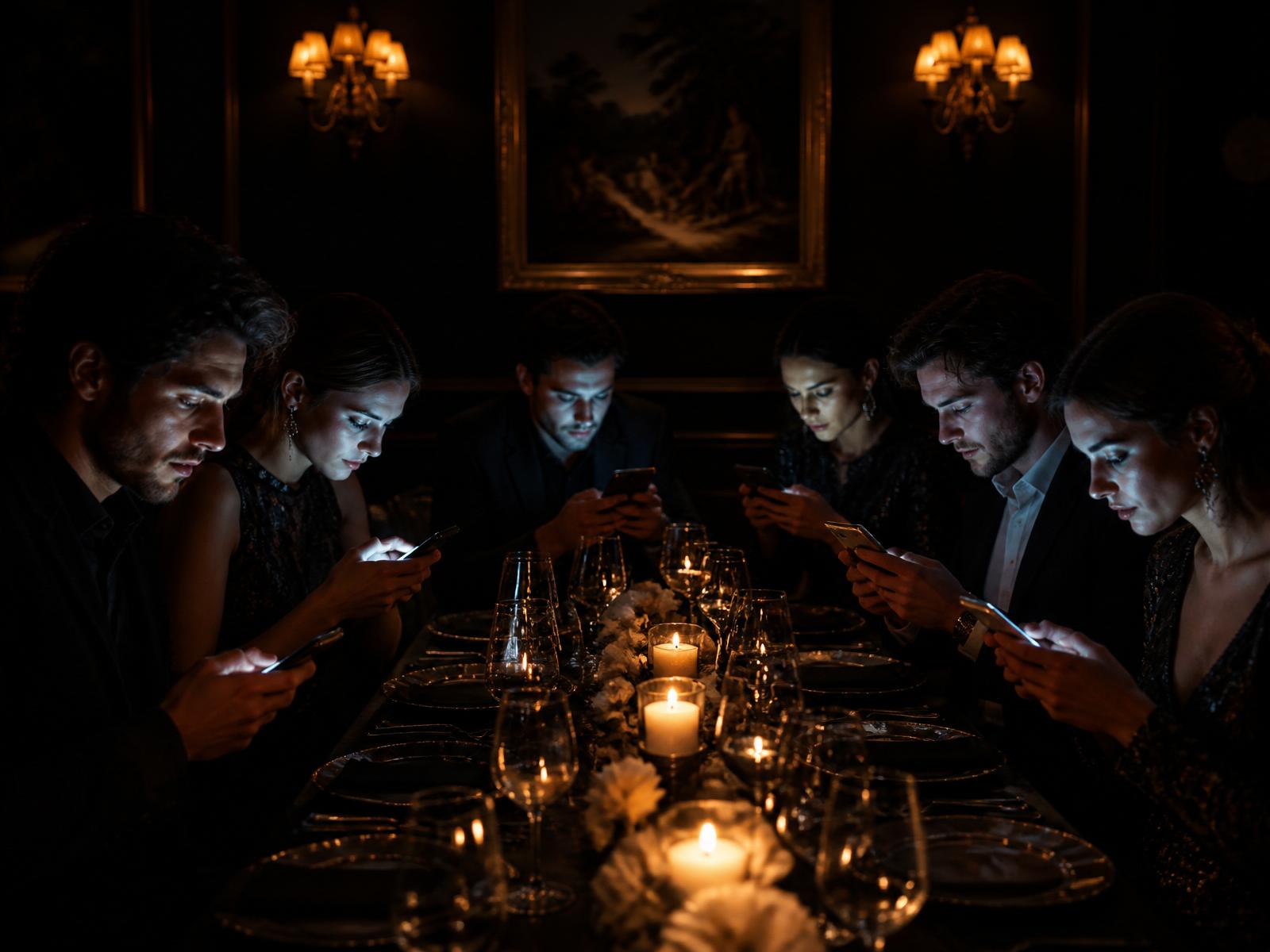 Guests at a candlelit dinner exchanging secret glances